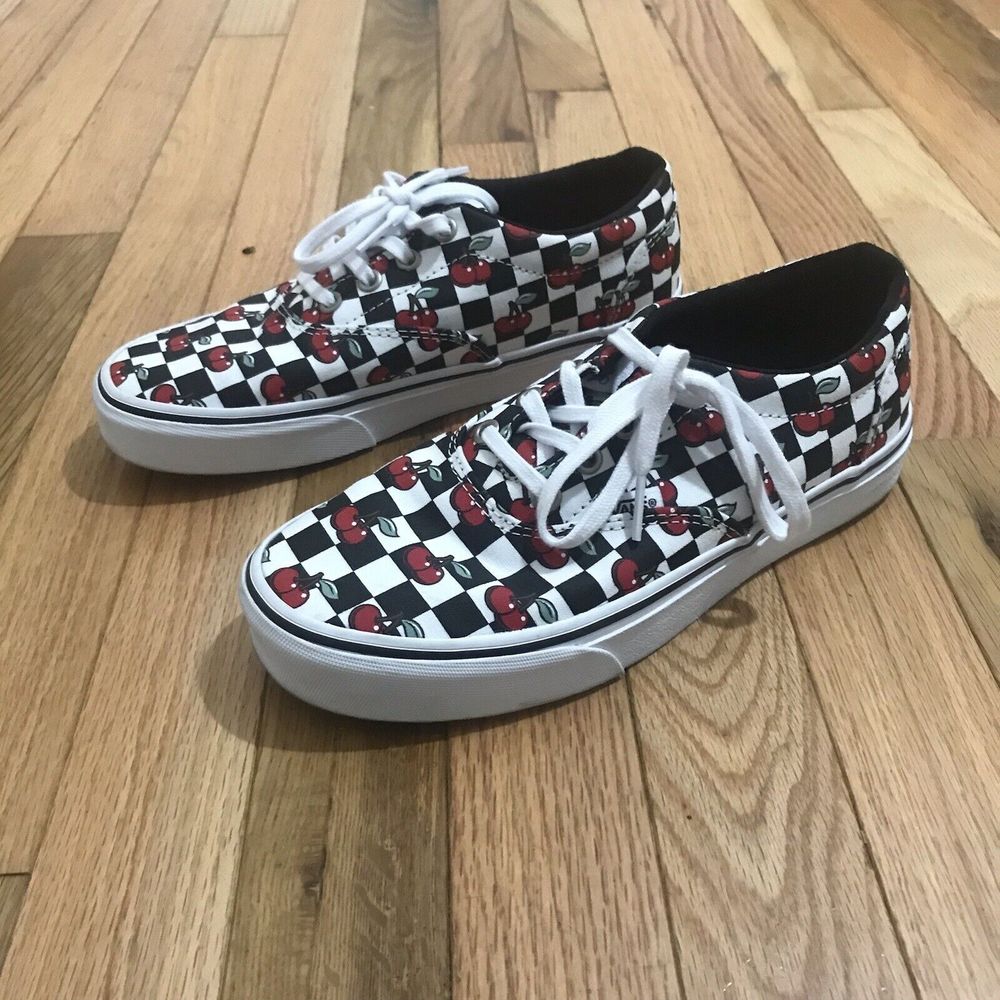 Vans Doheny Sneakers Black White Checker Red Cherry Womens Size 7